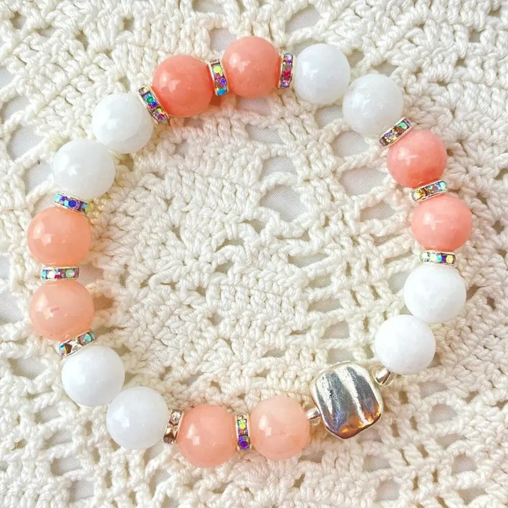 Glass Beaded Stretch Bracelet Pink White Bling